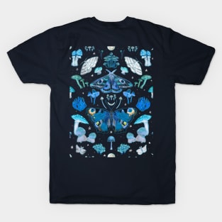 Glowing Moth and Mushroom Magic Pattern T-Shirt